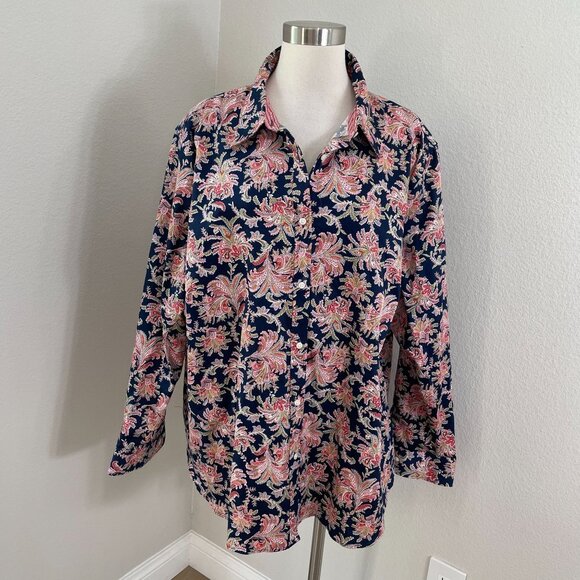 Chaps Tops - Chaps Womens Plus 2X No Iron Button Up Blouse‎ Navy Pink Paisley Long Sleeve Top